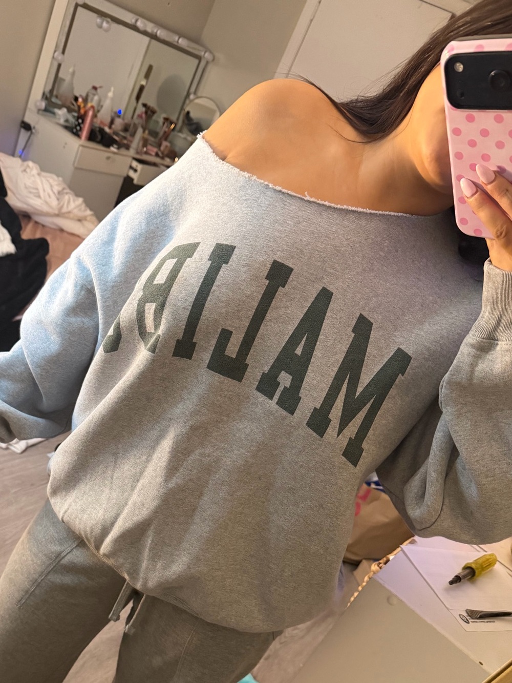 Brandy Melville Gray Off-Shoulder 'MALIBU' Sweatshirt